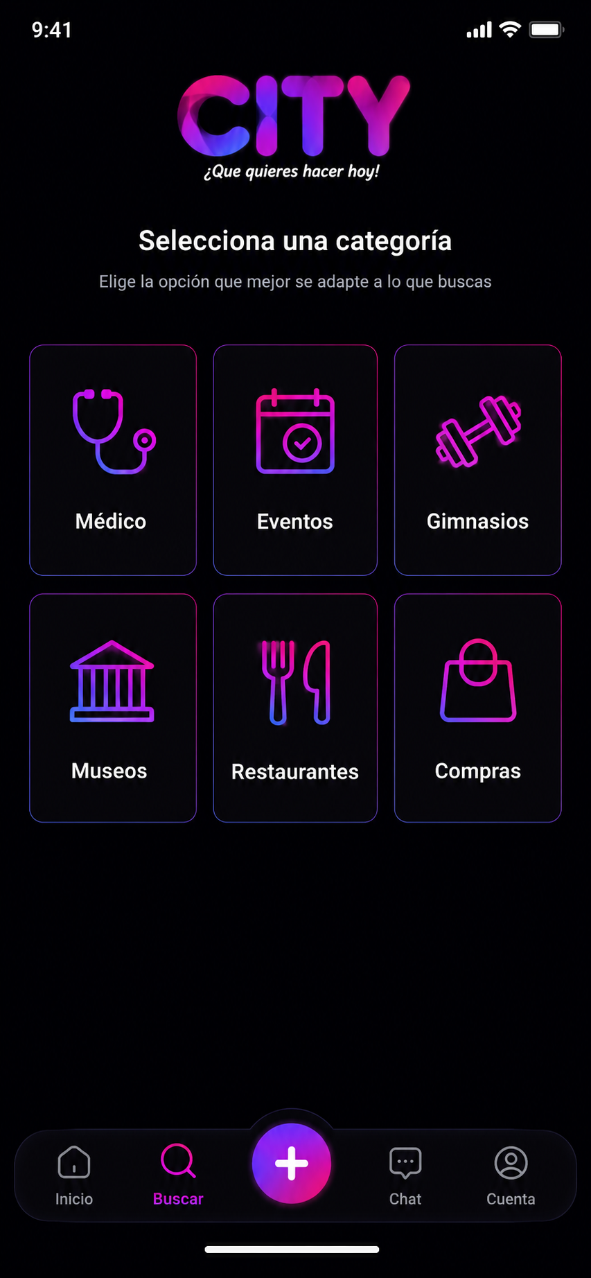 Pantalla de categorías de City App