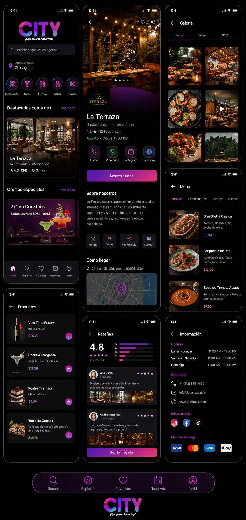 Diferentes pantallas de la aplicación City App